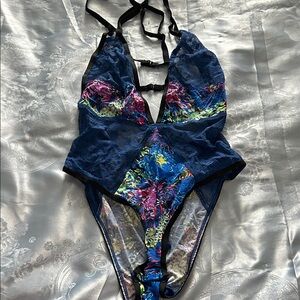 Victoria's Secret Blue and Black Lace Bodysuit